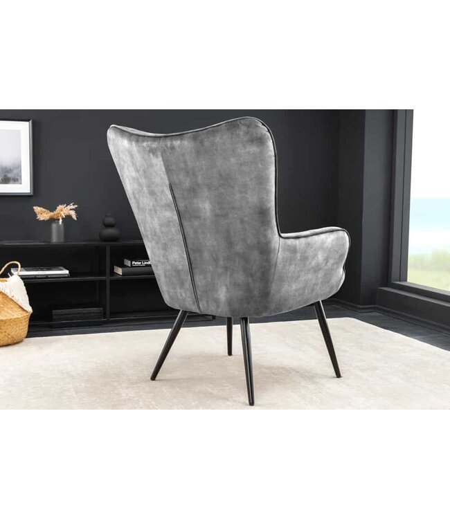 Invicta Interior Moderne fauteuil SCANDINAVIA grijs fluweel zwart metalen poten met armleuningen - 44020