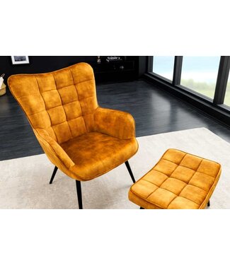 Invicta Interior Moderne fauteuil SCANDINAVIA mosterdgeel fluweel zwart metalen poten met armleuningen - 44019