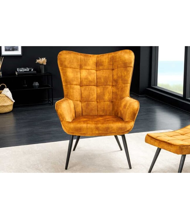 Invicta Interior Moderne fauteuil SCANDINAVIA mosterdgeel fluweel zwart metalen poten met armleuningen - 44019