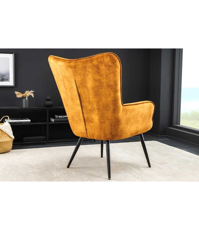 Invicta Interior Moderne fauteuil SCANDINAVIA mosterdgeel fluweel zwart metalen poten met armleuningen - 44019