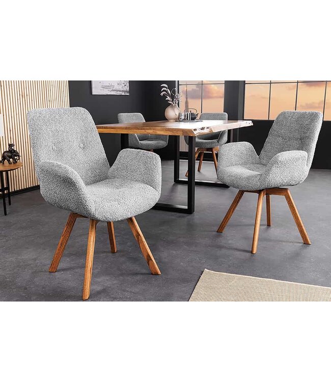 Invicta Interior Draaibare design stoel BALTIC grijs Boucle naturel eiken massief houten poten met armleuning - 44200