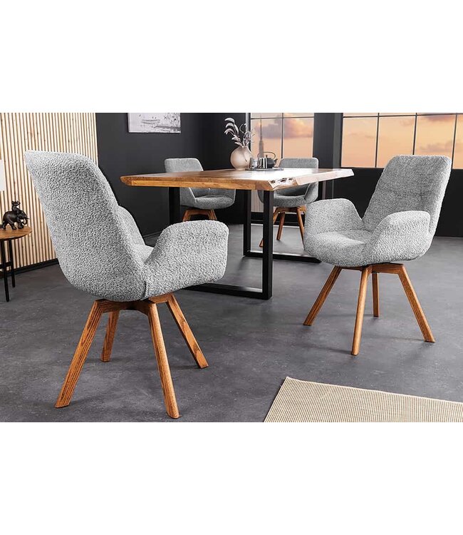 Invicta Interior Draaibare design stoel BALTIC grijs Boucle naturel eiken massief houten poten met armleuning - 44200
