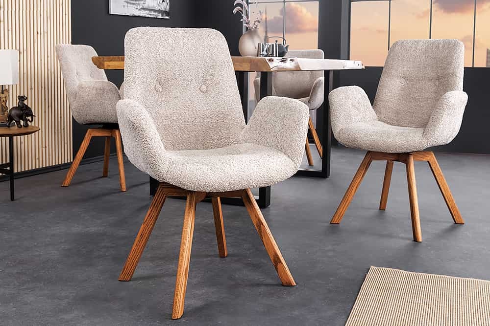 Draaibare design stoel BALTIC beige Boucle naturel eiken massief houten poten met armleuning - 44199