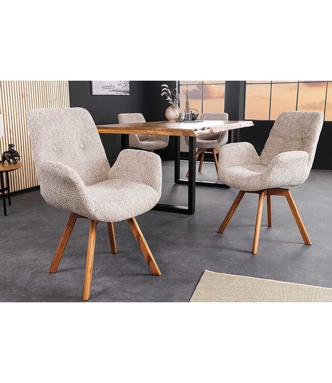 Invicta Interior Draaibare design stoel BALTIC beige Boucle naturel eiken massief houten poten met armleuning - 44199