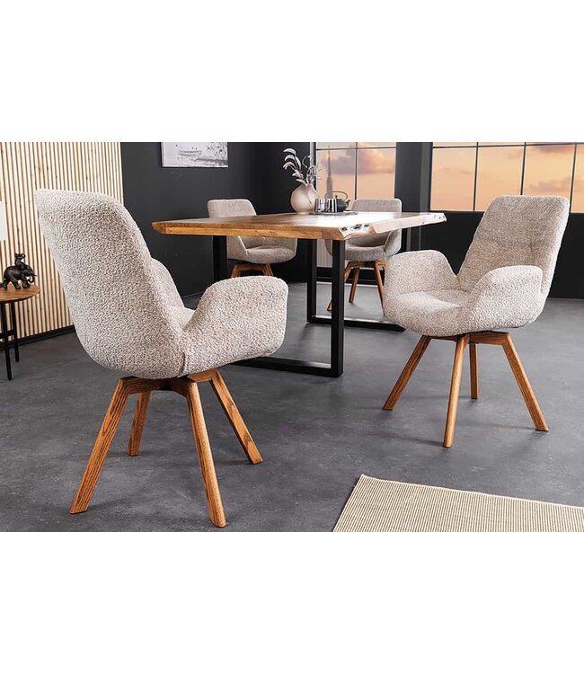 Invicta Interior Draaibare design stoel BALTIC beige Boucle naturel eiken massief houten poten met armleuning - 44199