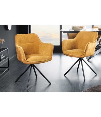 Invicta Interior Bureaustoel VERONA mosterdgeel fluweel structuurstof met armleuning zwart metalen poten - 44157