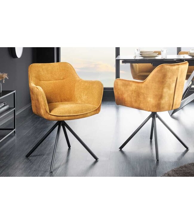 Invicta Interior Bureaustoel VERONA mosterdgeel fluweel structuurstof met armleuning zwart metalen poten - 44157