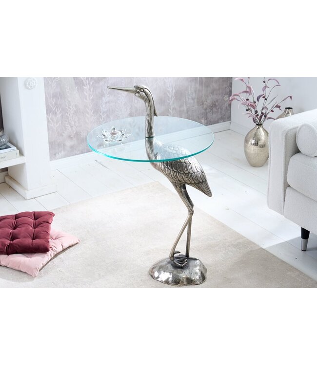 Invicta Interior Ronde bijzettafel WILDLIFE HERON 90cm zilveren metalen glazen reigersculptuur handgemaakt - 43514