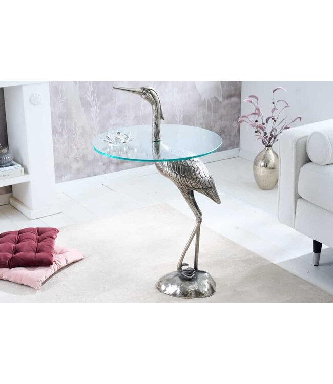 Invicta Interior Ronde bijzettafel WILDLIFE HERON 90cm zilveren metalen glazen reigersculptuur handgemaakt - 43514