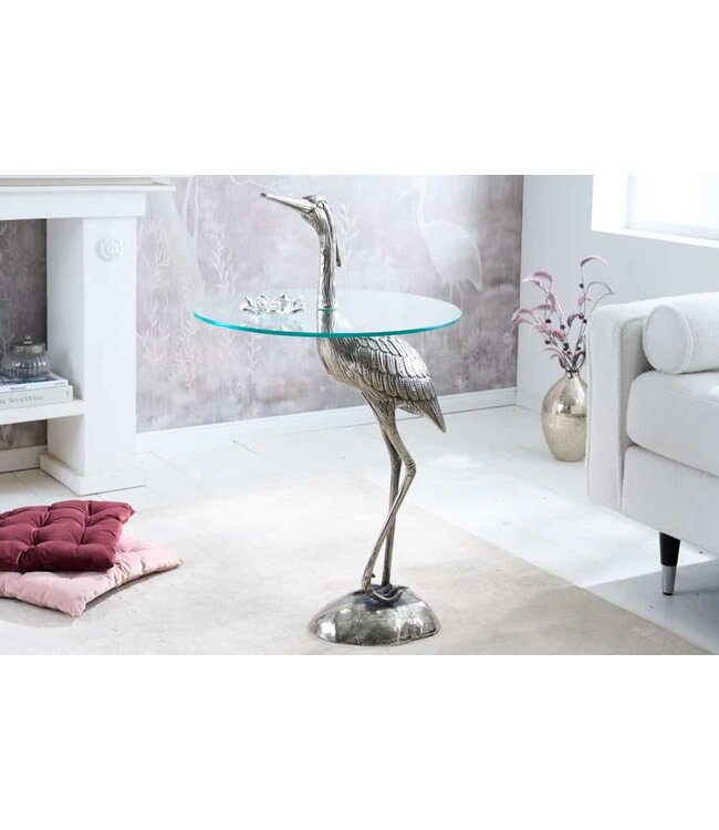 Invicta Interior Ronde bijzettafel WILDLIFE HERON 90cm zilveren metalen glazen reigersculptuur handgemaakt - 43514