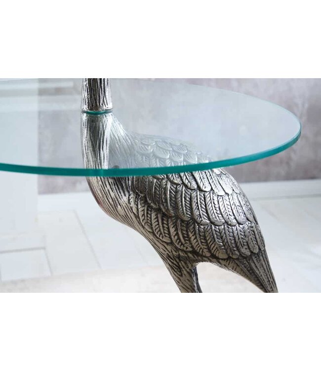 Invicta Interior Ronde bijzettafel WILDLIFE HERON 90cm zilveren metalen glazen reigersculptuur handgemaakt - 43514