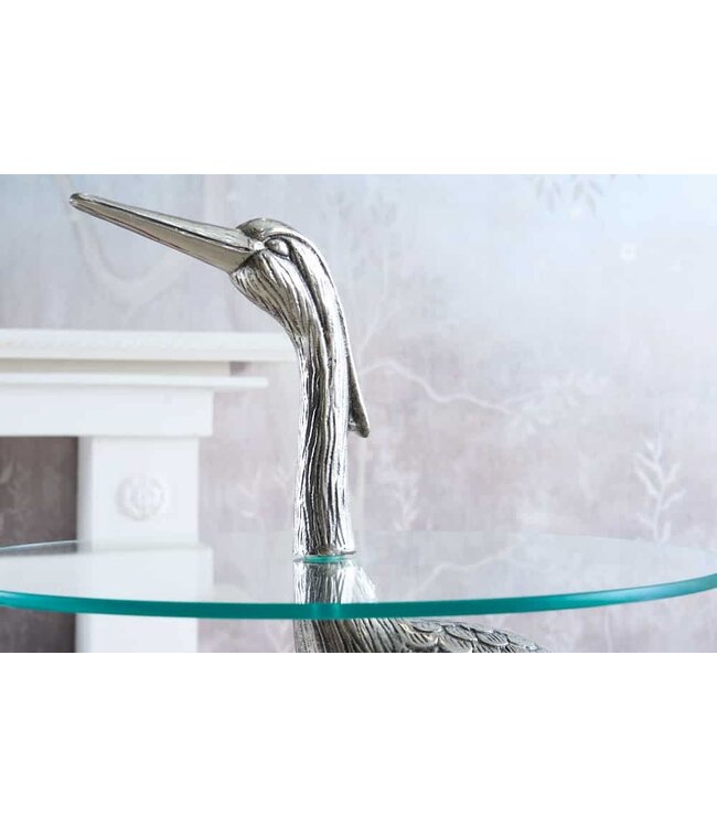 Invicta Interior Ronde bijzettafel WILDLIFE HERON 90cm zilveren metalen glazen reigersculptuur handgemaakt - 43514