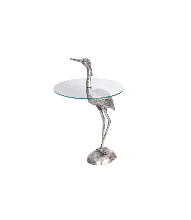 Invicta Interior Ronde bijzettafel WILDLIFE HERON 90cm zilveren metalen glazen reigersculptuur handgemaakt - 43514