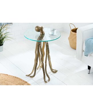 Invicta Interior Ronde bijzettafel WILDLIFE OCTOPUS 70cm messing goud metalen glazen sculptuur handgemaakt - 43498