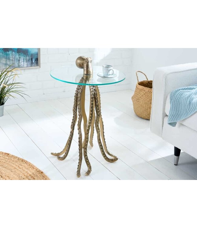 Invicta Interior Ronde bijzettafel WILDLIFE OCTOPUS 70cm messing goud metalen glazen sculptuur handgemaakt - 43498