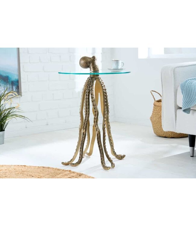 Invicta Interior Ronde bijzettafel WILDLIFE OCTOPUS 70cm messing goud metalen glazen sculptuur handgemaakt - 43498
