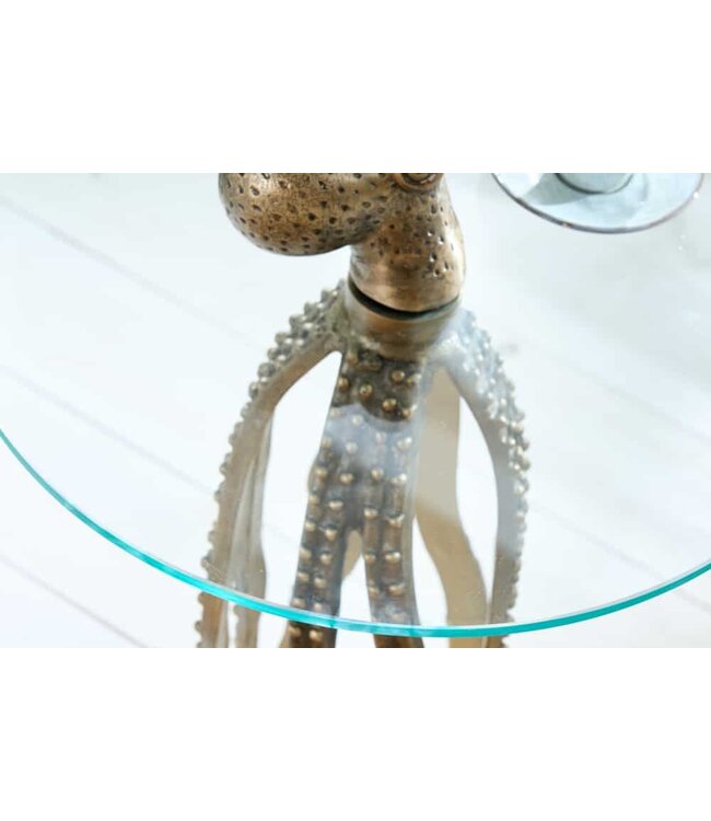 Invicta Interior Ronde bijzettafel WILDLIFE OCTOPUS 70cm messing goud metalen glazen sculptuur handgemaakt - 43498