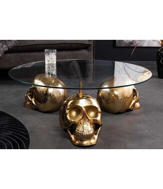 Invicta Interior Design salontafel SKULL XXL 90cm goud rond glazen blad metalen schedel handgemaakt - 43496