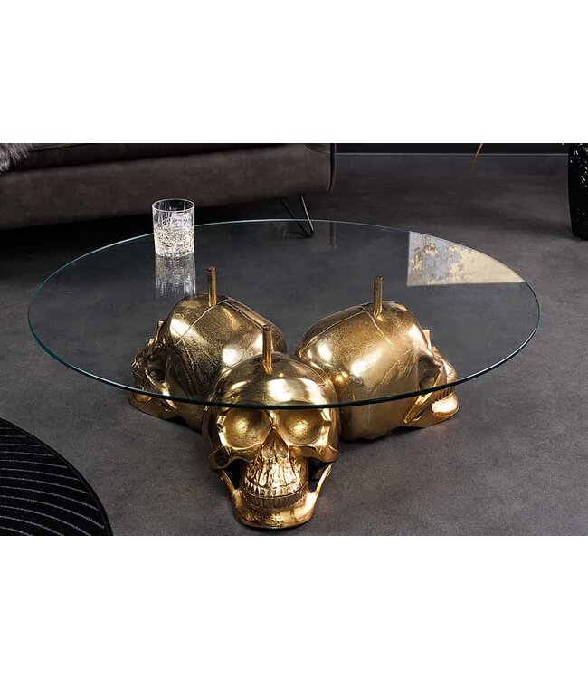 Invicta Interior Design salontafel SKULL XXL 90cm goud rond glazen blad metalen schedel handgemaakt - 43496