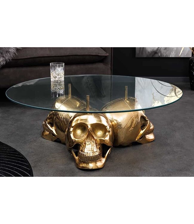 Invicta Interior Design salontafel SKULL XXL 90cm goud rond glazen blad metalen schedel handgemaakt - 43496