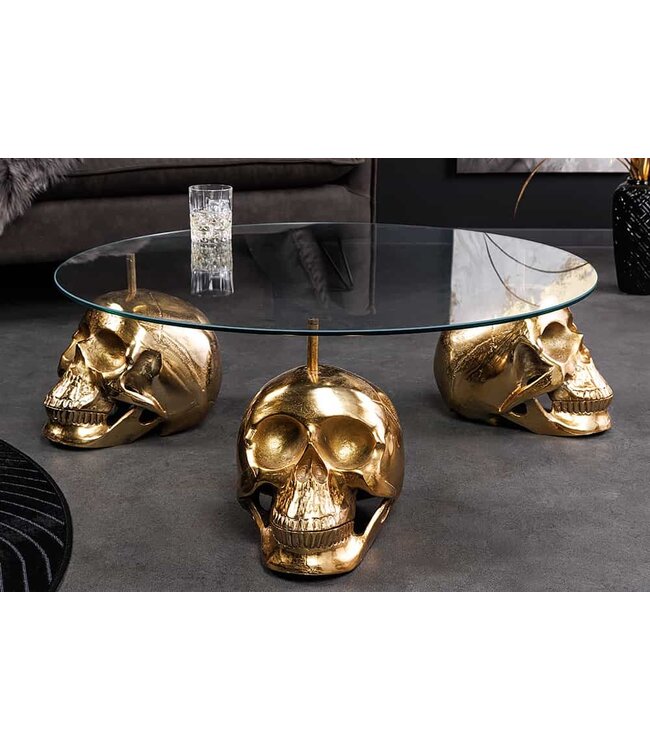 Invicta Interior Design salontafel SKULL XXL 90cm goud rond glazen blad metalen schedel handgemaakt - 43496