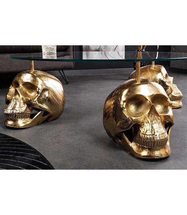 Invicta Interior Design salontafel SKULL XXL 90cm goud rond glazen blad metalen schedel handgemaakt - 43496