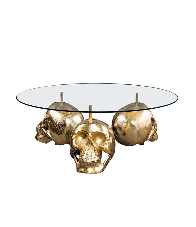 Invicta Interior Design salontafel SKULL XXL 90cm goud rond glazen blad metalen schedel handgemaakt - 43496