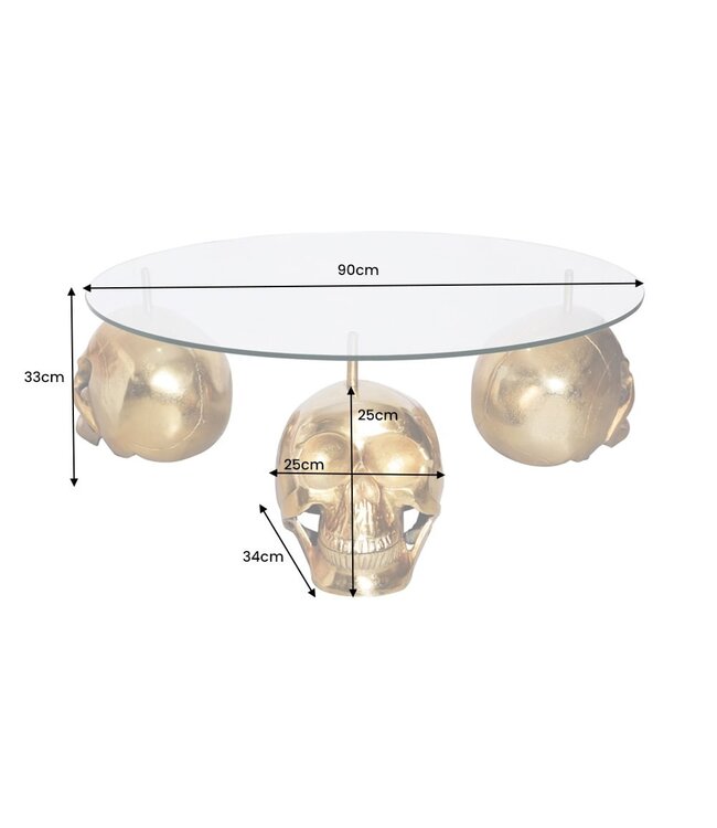 Invicta Interior Design salontafel SKULL XXL 90cm goud rond glazen blad metalen schedel handgemaakt - 43496