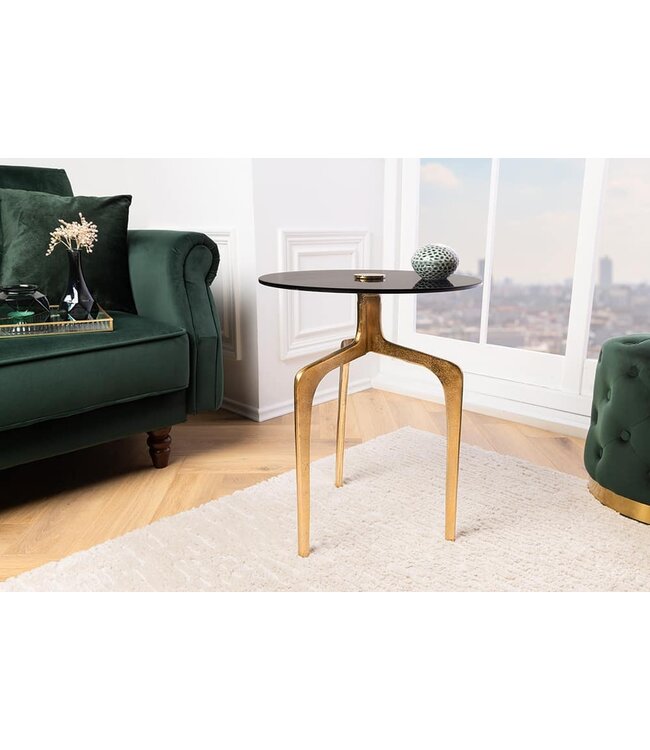 Invicta Interior Ronde bijzettafel ABSTRACT 60cm messing goud metalen poten zwart glas handgemaakt - 43495