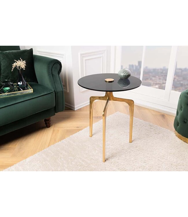 Invicta Interior Ronde bijzettafel ABSTRACT 60cm messing goud metalen poten zwart glas handgemaakt - 43495