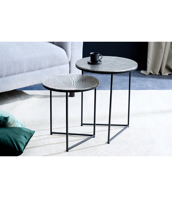 Invicta Interior Ronde set van 2 bijzettafels ELEMENTS 40cm zilver antiek krokodillenmotief handgemaakt - 43494