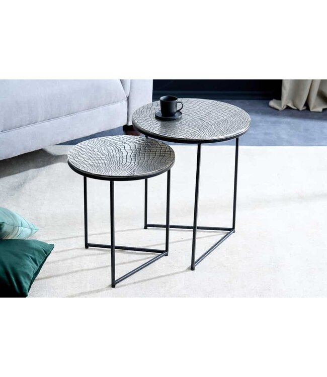 Invicta Interior Ronde set van 2 bijzettafels ELEMENTS 40cm zilver antiek krokodillenmotief handgemaakt - 43494