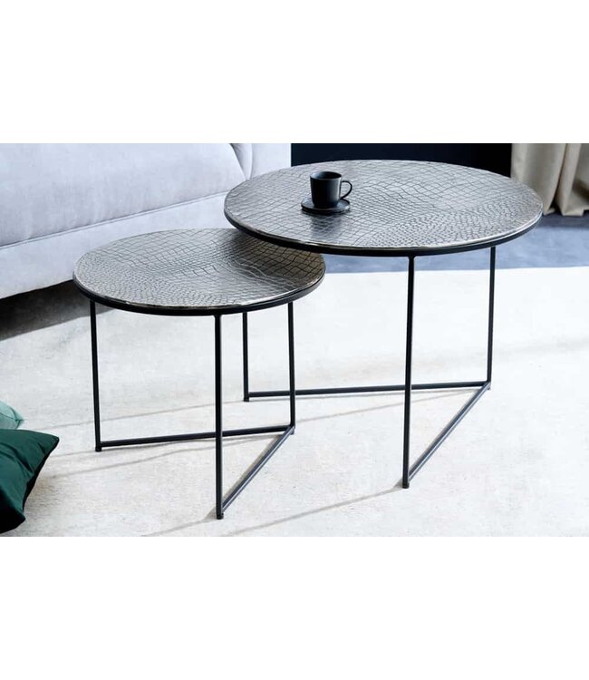 Invicta Interior Ronde set van 2 salontafels ELEMENTS 60cm zilver antiek krokodillenontwerp handgemaakt - 43493
