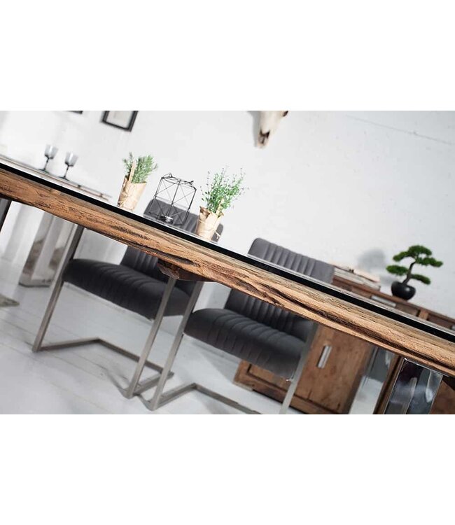 Invicta Interior Massieve eettafel BARRACUDA 240cm antiek teakhout met stalen sledepoten inclusief glazen blad - 35099