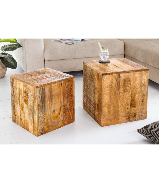 Invicta Interior Naturel set van 2 bijzettafels CURACAO 40cm mangohouten blokjes - 42577