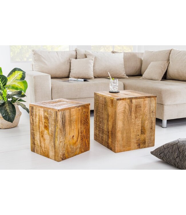 Invicta Interior Naturel set van 2 bijzettafels CURACAO 40cm mangohouten blokjes - 42577