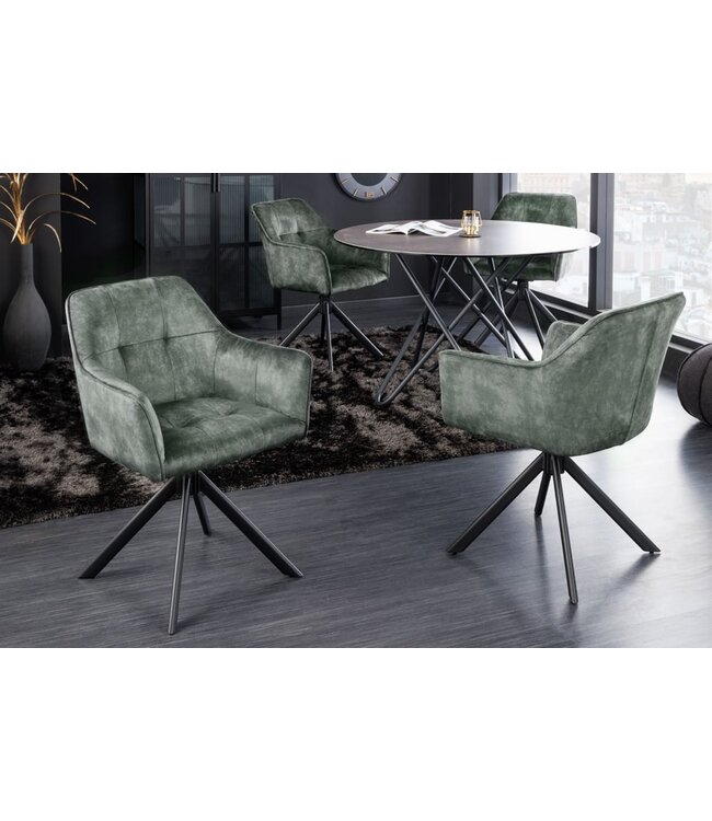 Invicta Interior Design stoel LOFT groen fluweel draaibaar metalen frame zwart met armleuning - 42393