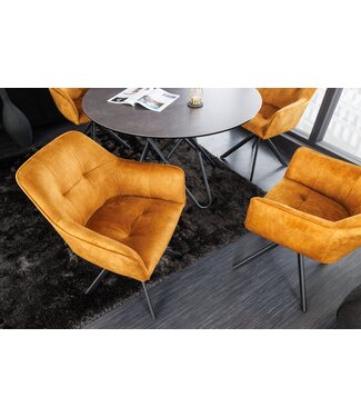 Invicta Interior Design stoel LOFT mosterdgeel fluweel draaibaar zwart metalen frame met armleuning - 42392