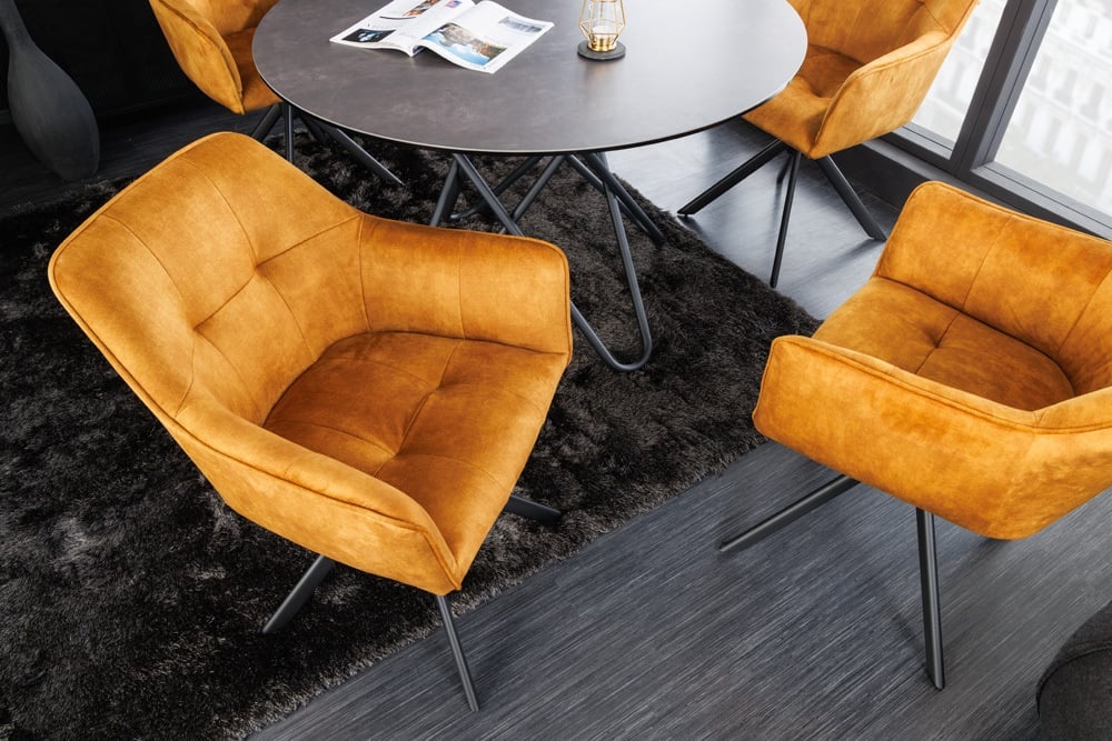 Design stoel LOFT mosterdgeel fluweel draaibaar zwart metalen