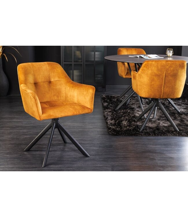 Invicta Interior Design stoel LOFT mosterdgeel fluweel draaibaar zwart metalen frame met armleuning - 42392