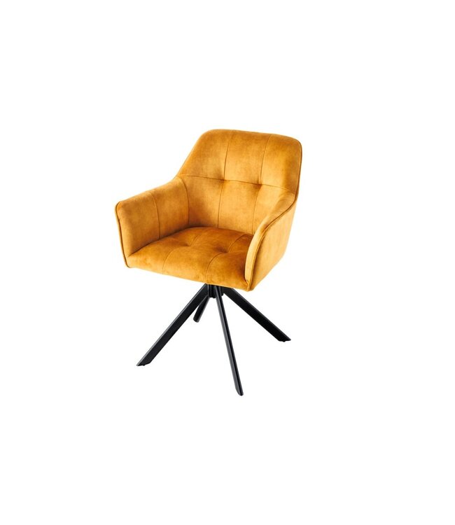 Invicta Interior Design stoel LOFT mosterdgeel fluweel draaibaar zwart metalen frame met armleuning - 42392