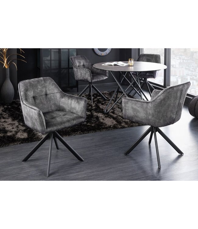 Invicta Interior Design stoel LOFT donkergrijs fluweel draaibaar zwart metalen frame met armleuning - 42390