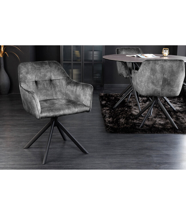 Invicta Interior Design stoel LOFT donkergrijs fluweel draaibaar zwart metalen frame met armleuning - 42390