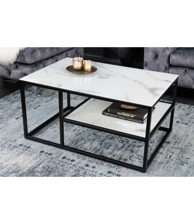 Invicta Interior Elegante salontafel BOUTIQUE 90cm wit kristalglas marmeren decor zwart frame - 42174