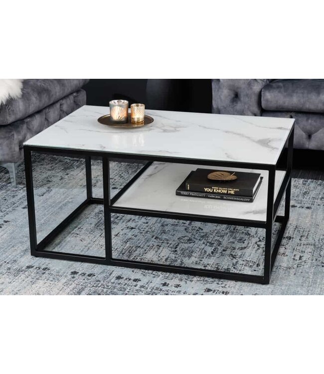 Invicta Interior Elegante salontafel BOUTIQUE 90cm wit kristalglas marmeren decor zwart frame - 42174