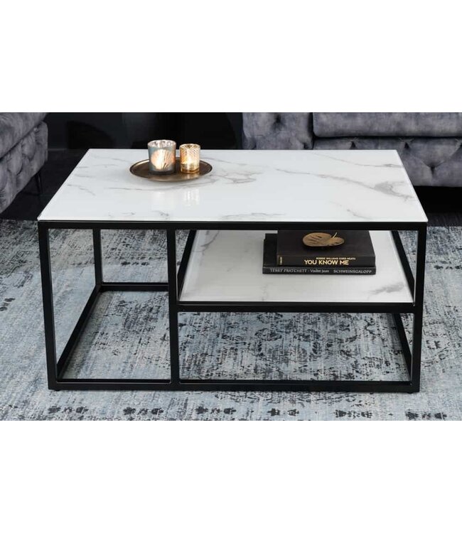 Invicta Interior Elegante salontafel BOUTIQUE 90cm wit kristalglas marmeren decor zwart frame - 42174