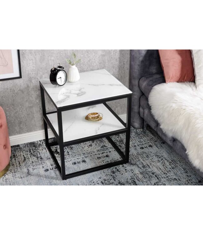 Invicta Interior Elegante bijzettafel BOUTIQUE 45cm wit kristalglas marmeren decor zwart frame - 42172