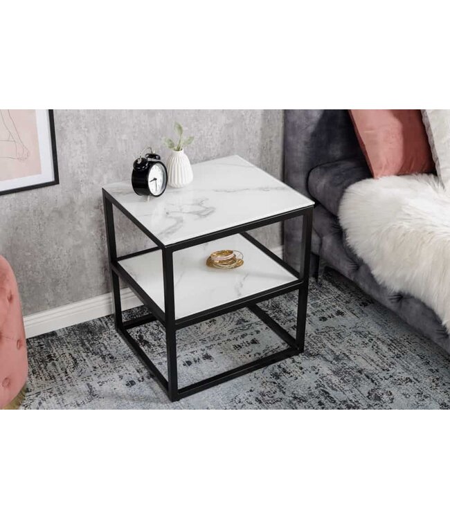 Invicta Interior Elegante bijzettafel BOUTIQUE 45cm wit kristalglas marmeren decor zwart frame - 42172