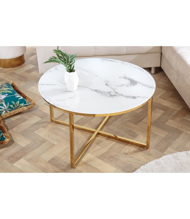 Invicta Interior Elegante salontafel BOUTIQUE 80cm wit rond kristalglas met marmeren decor gouden frame - 42160
