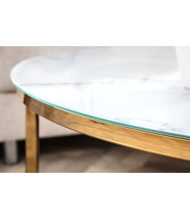 Invicta Interior Elegante salontafel BOUTIQUE 80cm wit rond kristalglas met marmeren decor gouden frame - 42160